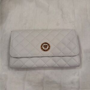 Versace White Quilted Crossbody Wallet with Gold Medallion